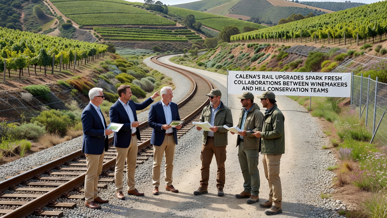 Teams of winemakers and conservation specialists reviewing maps together beside upgraded Calena rail tracks