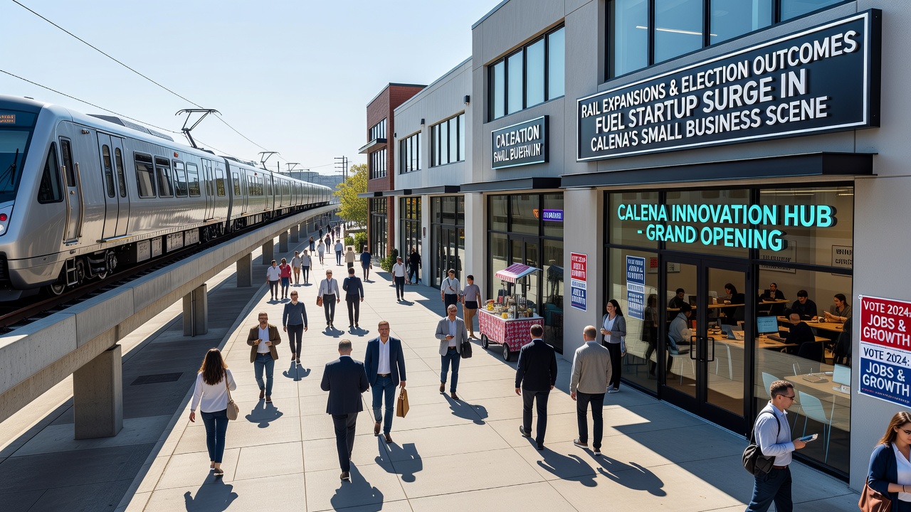 Interior of a Calena startup incubator showing founders working near large windows overlooking the new rail station platforms
