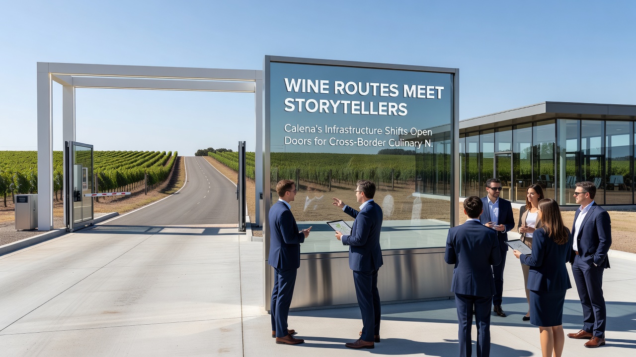 Storytellers gathered around a table of regional wines and dishes along an upgraded Calena route, engaging visitors in cross-border culinary discussions